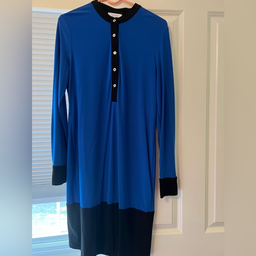 Calvin Klein - straight blue and black dress. Button up.